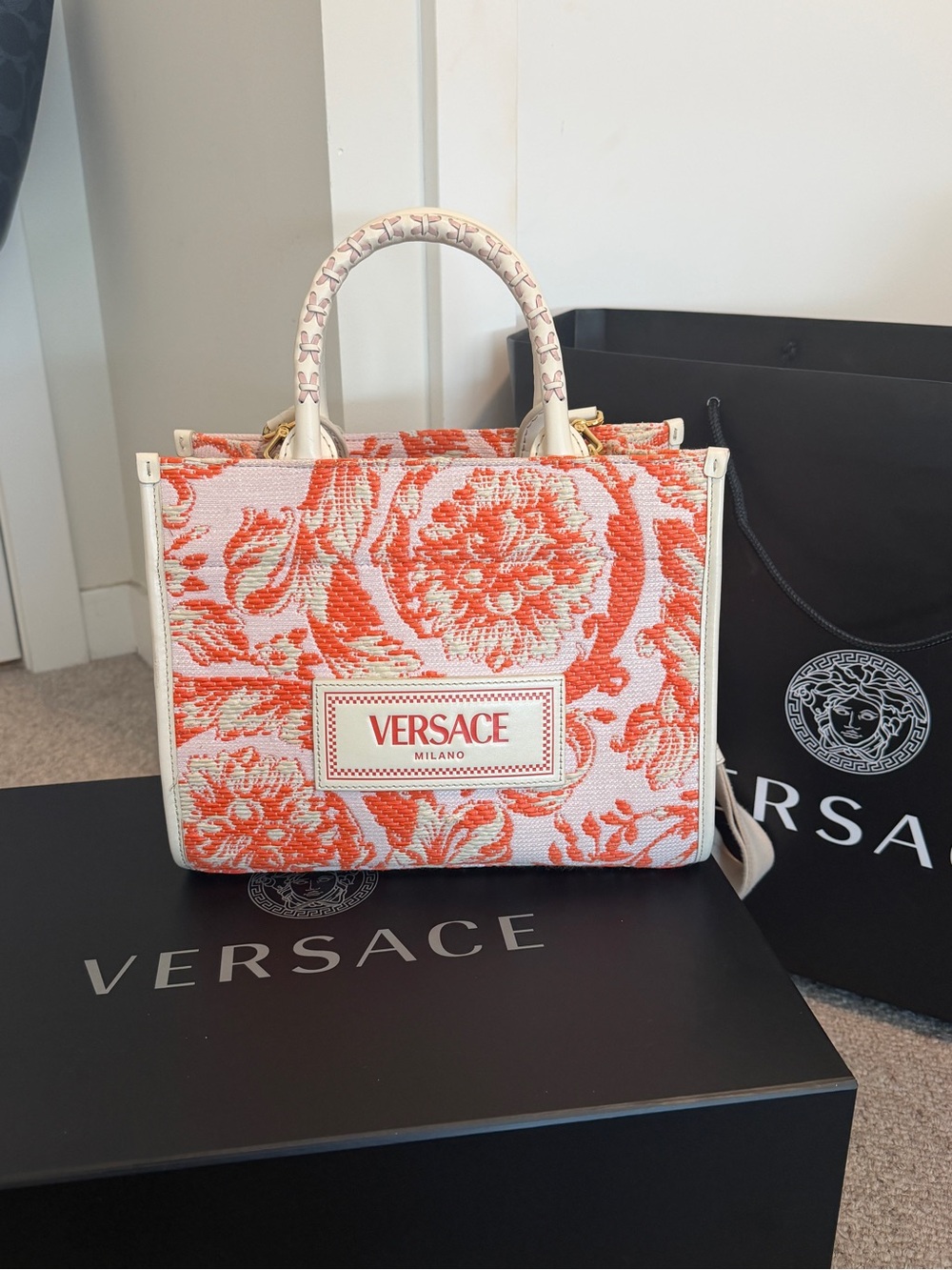 Versace Orange and Cream Floral Top-Handle Tote